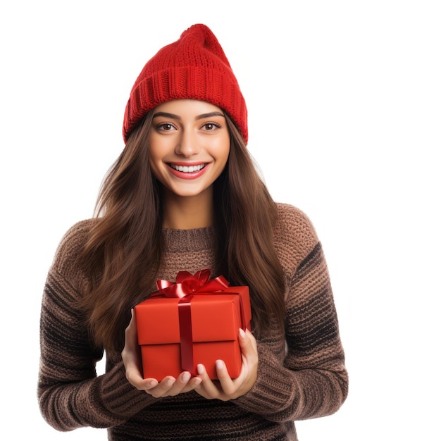 Mujer feliz con gorro tejido con caja de regalo aislada