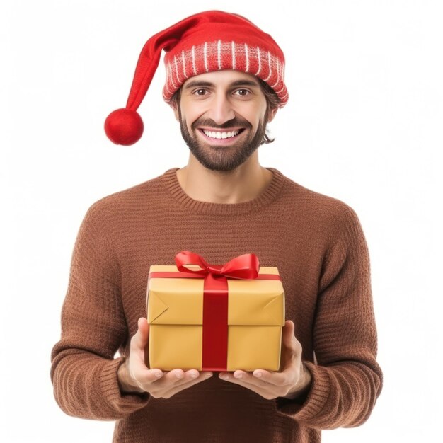 Mujer feliz con gorro tejido con caja de regalo aislada