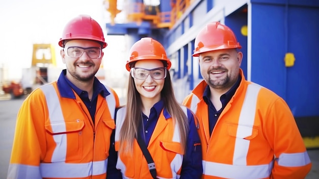 Mujer feliz y hombres trabajadores miran a la cámara en el fondo de la plataforma de construcción offshore de petróleo y gas