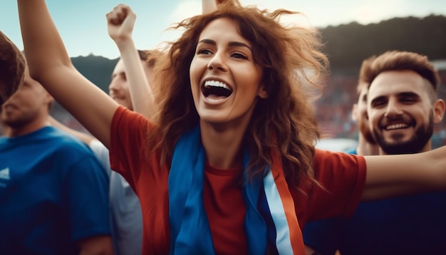 Mujer feliz joven que anima en el campeonato de fútbol