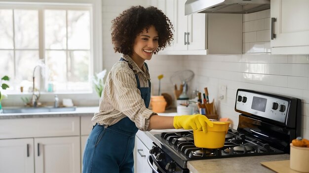 Foto mujer feliz limpiando la estufa de gas