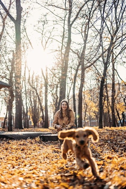 Mujer feliz con lindo cachorro de cocker spaniel inglés en un paseo en el bosque de otoño perro feliz y mujer