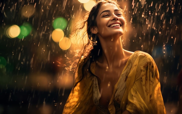 mujer feliz en la lluvia