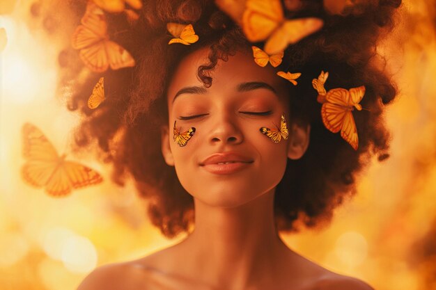 Mujer feliz con mariposas volando alrededor de su cabeza como símbolo de soñar felicidad alegría pensamientos positivos planificación imaginación pensando romántico estado de ánimo soñador concepto de salud mental verano