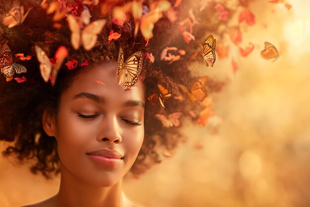 Mujer feliz con mariposas volando alrededor de su cabeza como símbolo de soñar felicidad alegría pensamientos positivos planificación imaginación pensando romántico estado de ánimo soñador concepto de salud mental verano