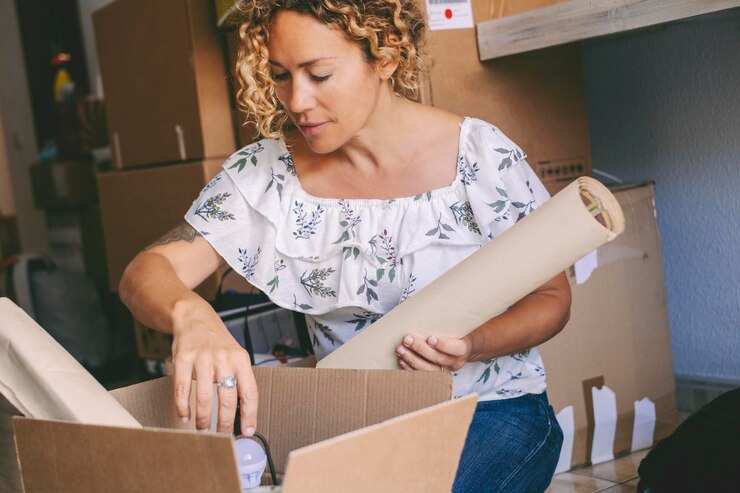 Foto una mujer feliz de mediana edad que trabaja en casa mudándose a la actividad hipotecaria de reubicación cosas de boxeo para comenzar una nueva vida en otro apartamento de la casa gente feliz y emocionada desempaquetando la vida banco propietario de la casa