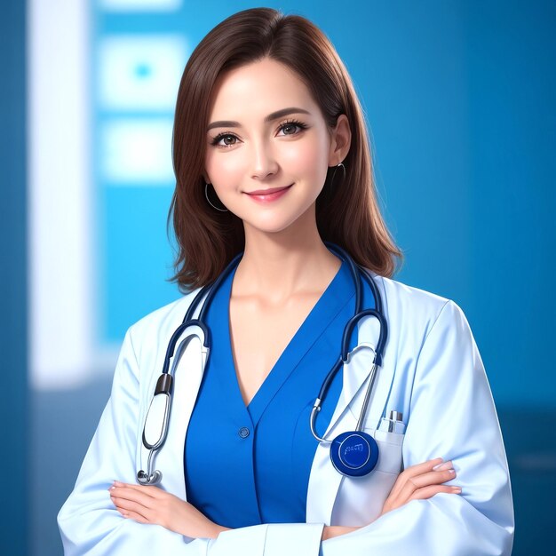 Una mujer feliz médico usar uniforme azul abrigo médico blanco estetoscopio y mirando a la cámara