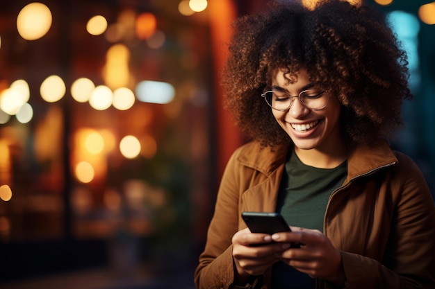 Mujer feliz mirando un mensaje en su teléfono inteligente