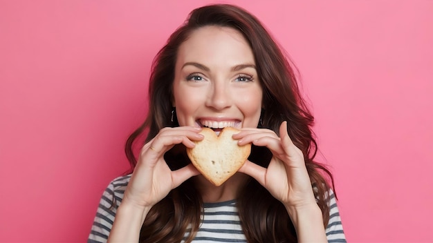 Mujer feliz mordiendo una galleta en forma de corazón