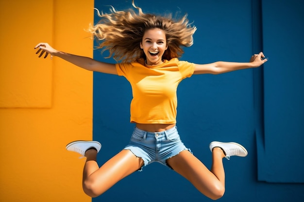 Mujer feliz mujer divertida alegría de la moda joven salto