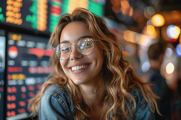 Mujer feliz negociando acciones cuando el precio sube para el comercio de acciones AI generado