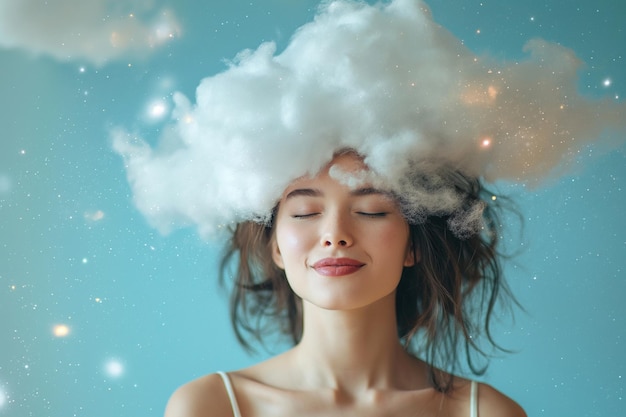 Mujer feliz con una nube sobre su cabeza estrellas y destellos como símbolo de soñar felicidad alegría Pensamientos positivos planificación Imaginación y pensamiento romántico estado de ánimo soñador Concepto de salud mental