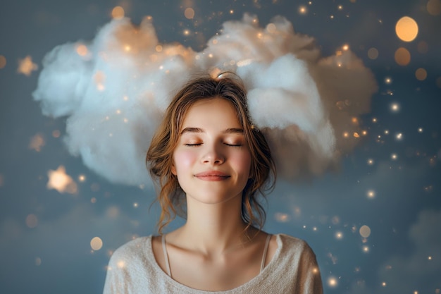 Mujer feliz con nubes sobre su cabeza estrellas y chispas como símbolo de soñar felicidad alegría pensamientos positivos planificación imaginación y pensamiento estado de ánimo romántico soñador concepto de salud mental