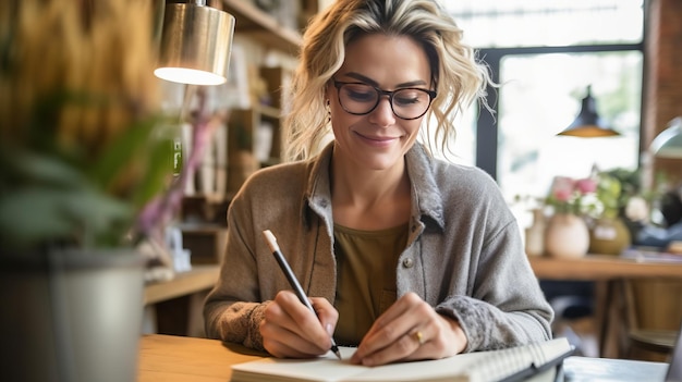 Mujer feliz o diseñadora de moda escribiendo ideas para su pequeña empresa en un cuaderno