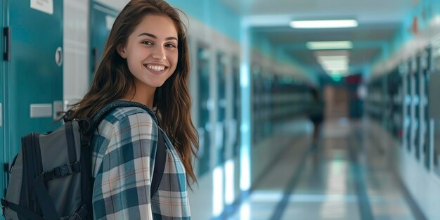 Foto mujer feliz o estudiantes sonriendo con una mochila