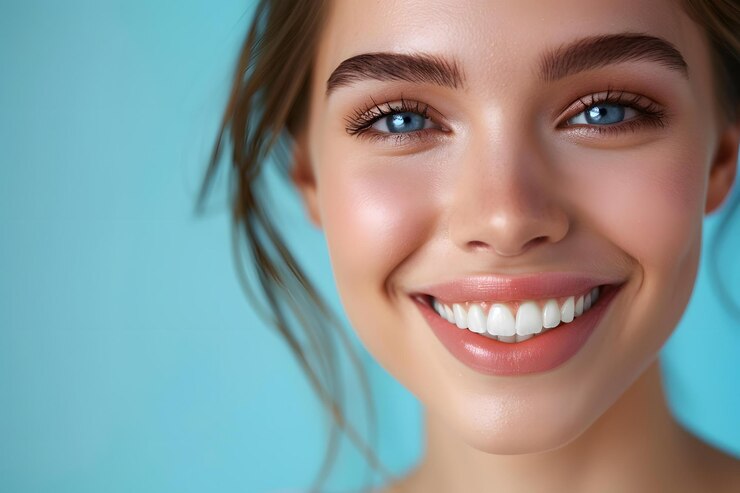 Mujer feliz con ojos azules y sonrisa blanca