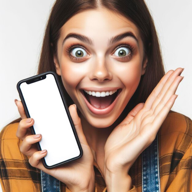 mujer feliz con ojos enormes expresión sorprendida sostener teléfono inteligente con pantalla de maqueta blanca ai generativa