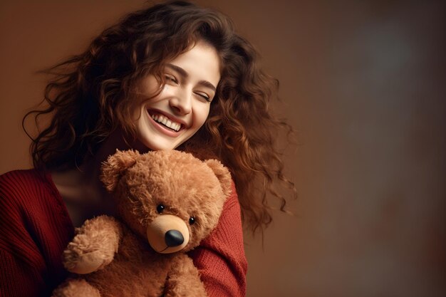 Foto mujer feliz y un oso de peluche