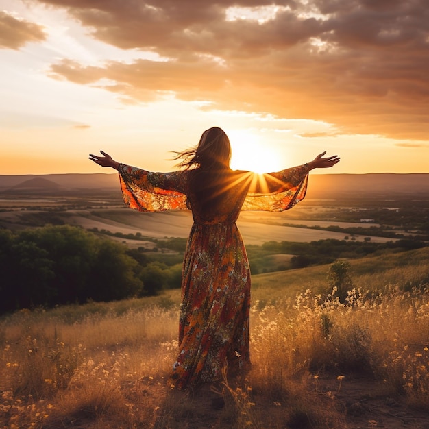 Foto mujer feliz parada de espaldas al atardecer en la naturaleza con generar ai