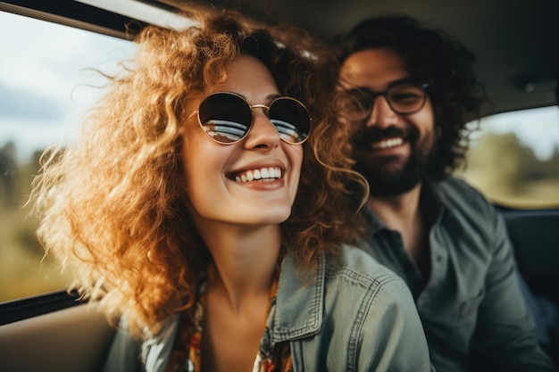 Mujer feliz con perro viaja verano en coche en vacaciones IA generativa