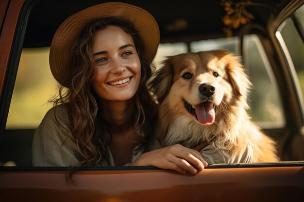 Mujer feliz con perro viaja verano en coche en vacaciones IA generativa