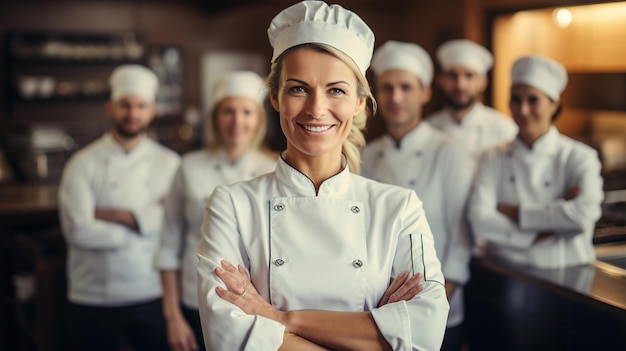 Mujer feliz de pie con los brazos cruzados mientras trabaja como chef en un restaurante y mira la cámara Diseño ai