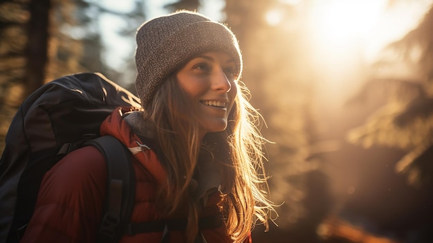 mujer feliz de pie en el camino del bosque sonriendo y mirando lejos mujer llevando mochilas