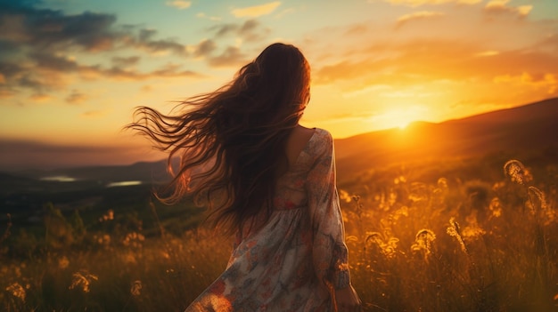 Mujer feliz de pie con la espalda al atardecer en la naturaleza Generativa Ai