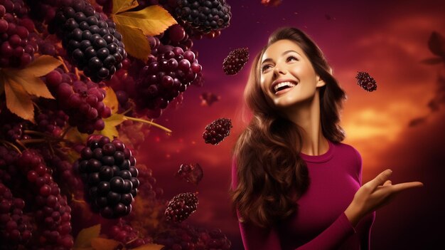 Foto mujer feliz de pie en fondo de morera