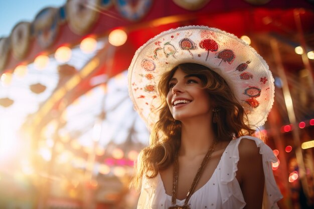 Foto mujer feliz de pie en el parque de atracciones