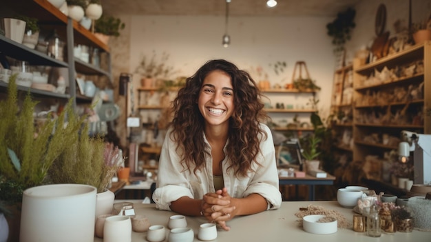 Foto mujer feliz de pie en una tienda de cerámica con estantes llenos de varias cerámicas