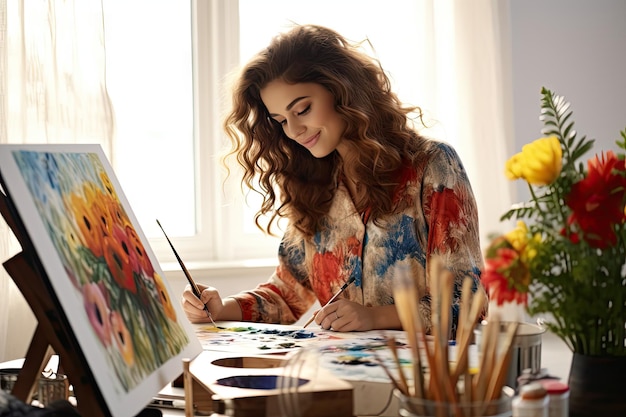 Mujer feliz Pintura Pintora Niña Retrato Taller artístico Pintora profesional Trabaja en el hogar Cursos de pintura Artista publicitario Óleo de lienzo Nuevo pasatiempo Ilustración de IA generativa