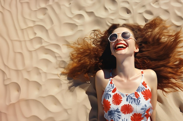 Mujer feliz en una playa de arena