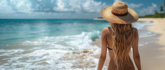 Foto mujer feliz en la playa disfruta de la naturaleza serena del océano durante las vacaciones de viaje