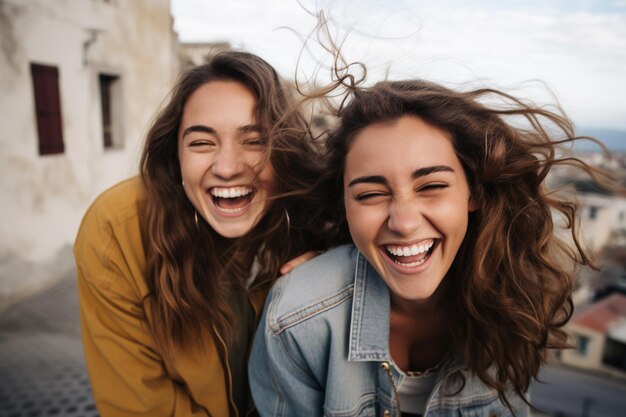 Foto una mujer feliz porque encontró a su amiga