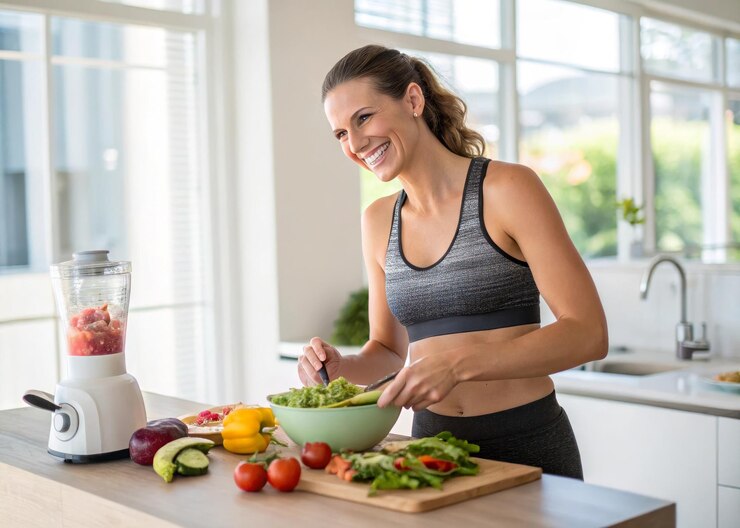 Mujer feliz preparando una comida saludable en la cocina