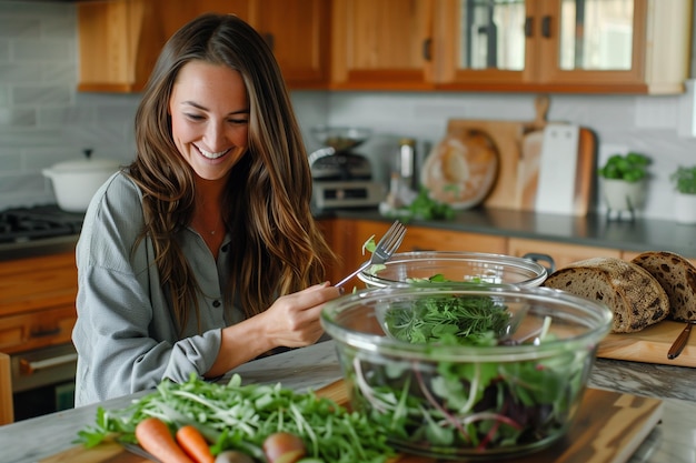 Una mujer feliz preparando una nutritiva ensalada verde en su cocina