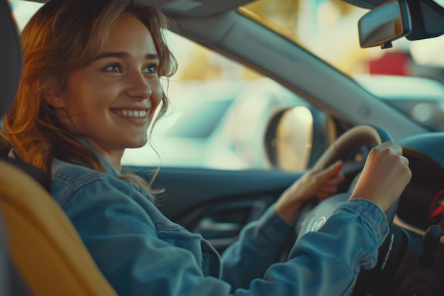 Mujer feliz probando conducir un coche con un asistente masculino