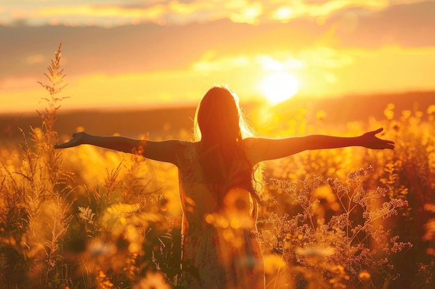 Mujer feliz en la puesta de sol en la naturaleza en verano con las manos abiertas