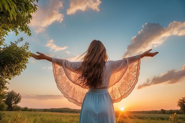 Mujer feliz en la puesta de sol en la naturaleza en verano con las manos abiertas