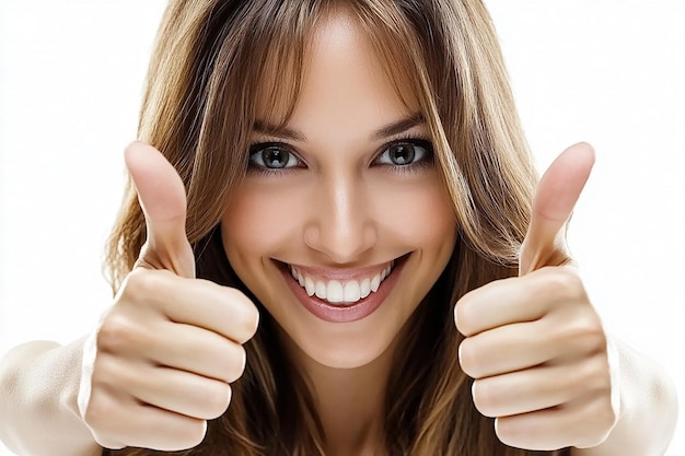 Mujer feliz con los pulgares hacia arriba