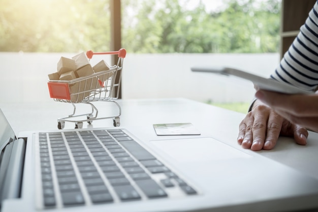 Mujer feliz que usa el teléfono inteligente y pagos de registro de tarjeta de crédito las compras en línea