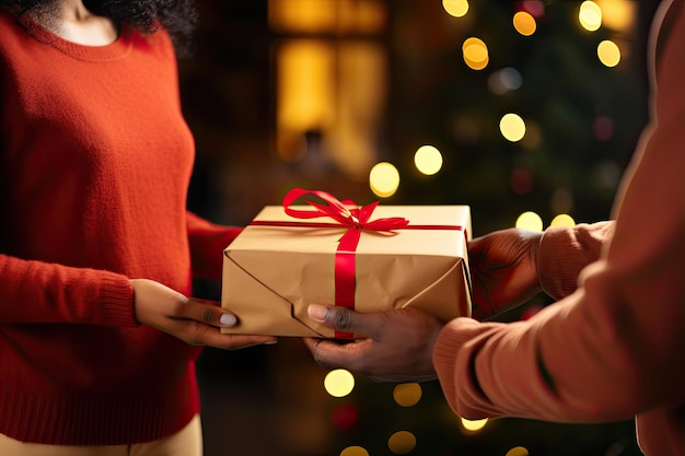 Mujer feliz recibe caja de navidad día del boxeo cerrar ai generativo