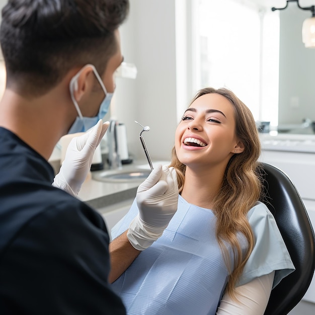 Mujer feliz recibiendo chequeo dental en odontología Dentista usando equipo dental para examen