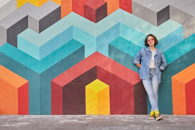 Mujer feliz recostada sobre pared colorida