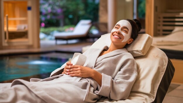 Foto mujer feliz y relajada apoyándose en una cama de spa con una máscara blanca para el cuidado de la piel sonriendo en un spa de bienestar