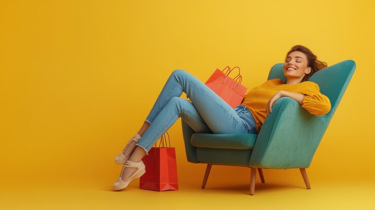 Mujer feliz relajándose en un sillón con bolsas de compras