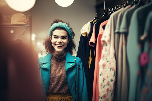 Mujer feliz rodeada de ropa nueva en un estante generado por Ai