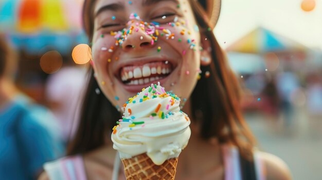Foto una mujer feliz con salpicaduras en la cara disfrutando de un cono de helado aig