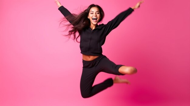 Foto mujer feliz salta sobre un fondo rosado